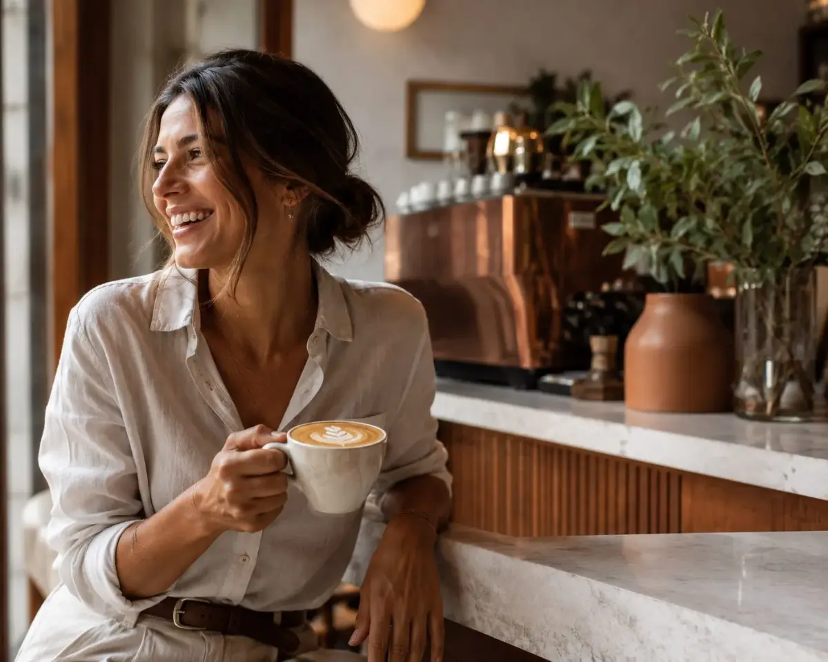 Frau lächelt mit einem Cappuccino mit Latte Art in einem Münchner Coffee Bar