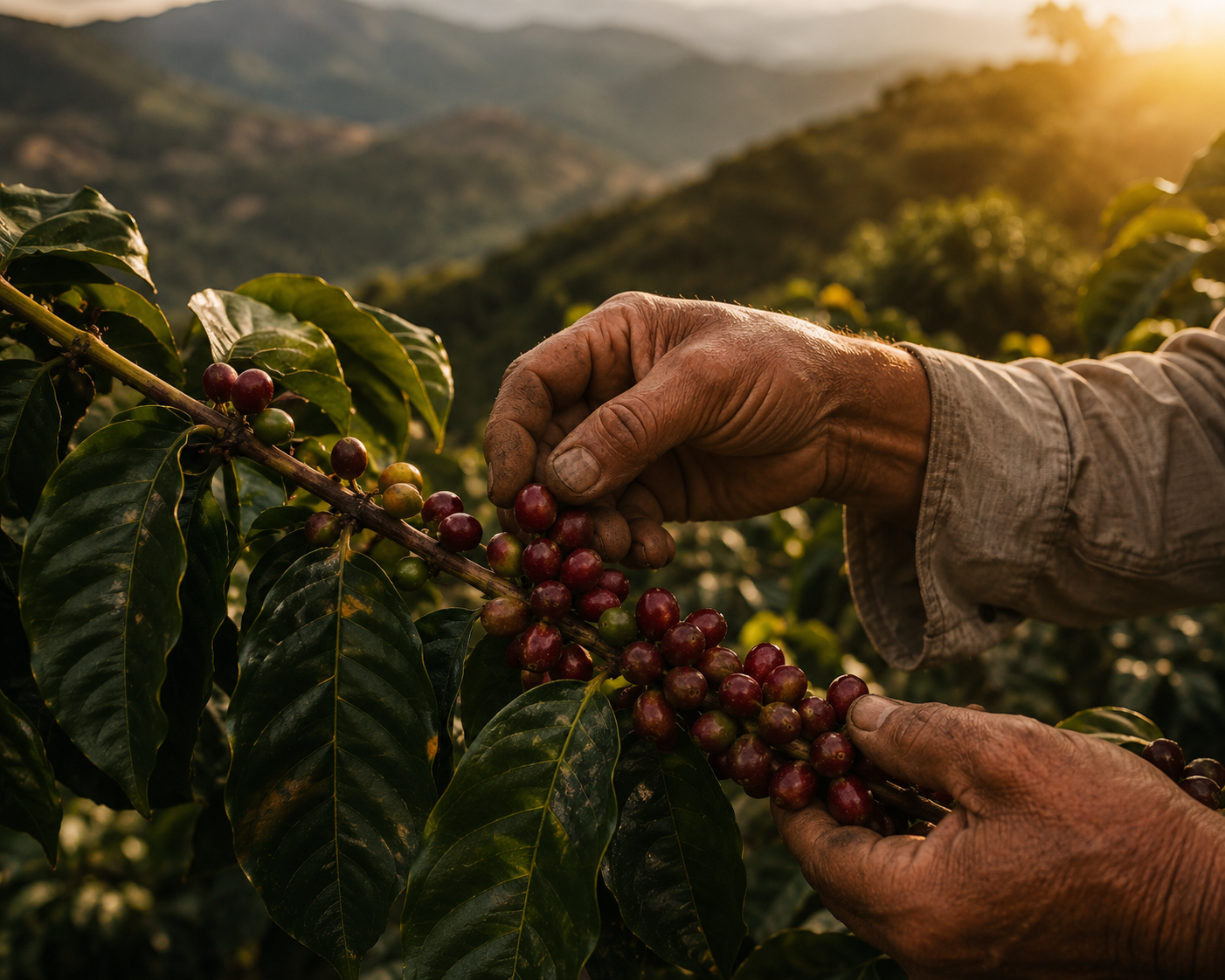 Kaffeebauer erntet reife Kaffeekirschen bei Sonnenaufgang in den Bergen