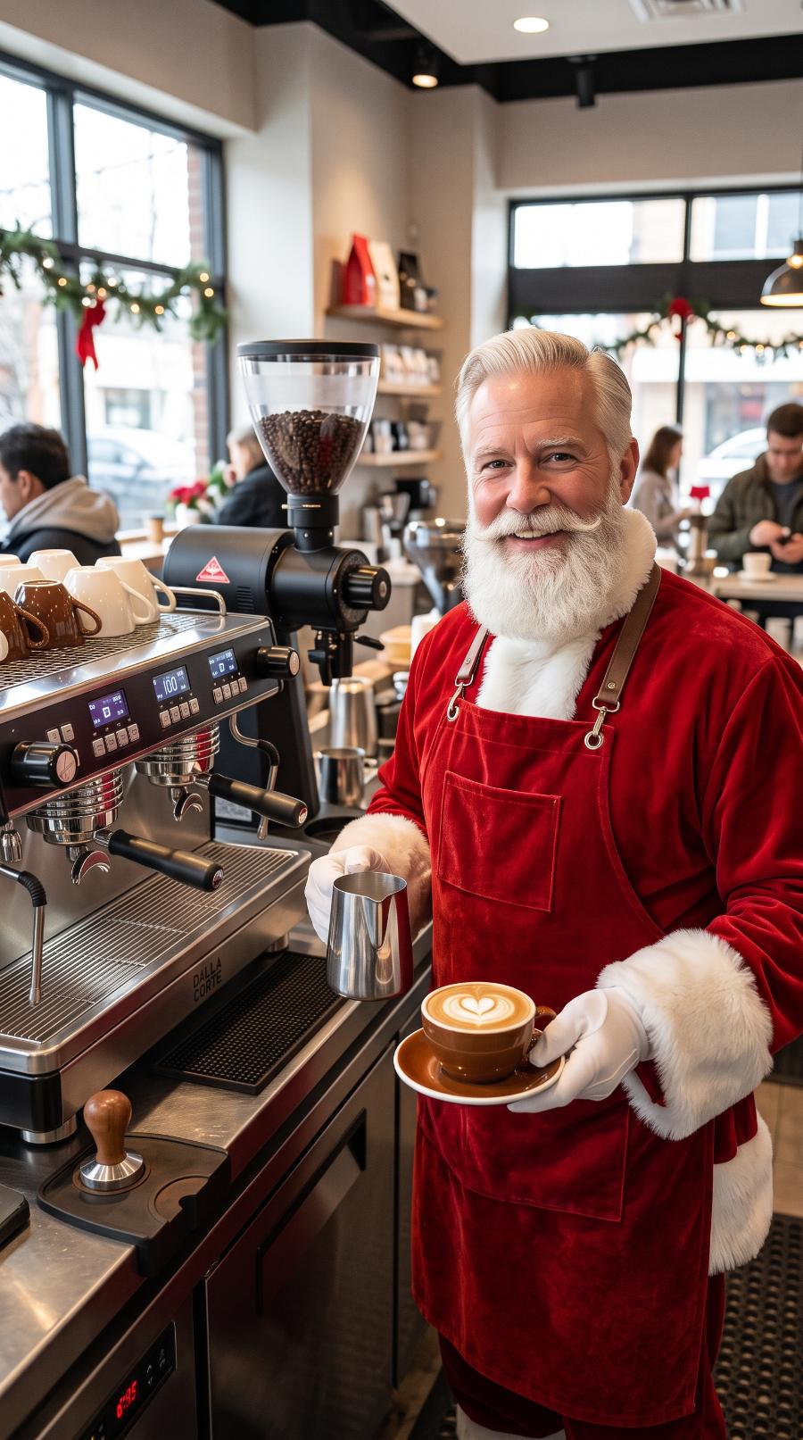 Barista im Weihnachtsmann-Kostüm serviert einen Cappuccino mit Latte-Art-Herz – Weihnachtsfeier in München